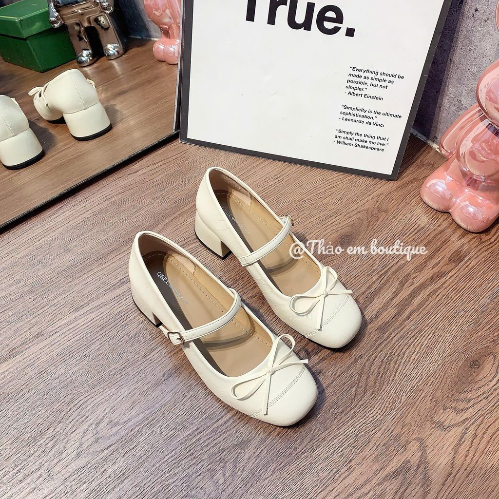[Thảo Em - GC65] Giày búp bê nữ gót 4-5p da mềm khuy cài ngang phối nơ nhỏ da cao cấp [Có Sẵn]