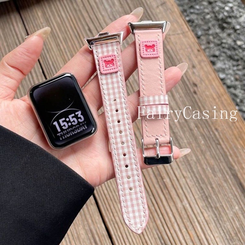 Dây đeo đồng hồ da gấu dễ thương cho Xiaomi Mi Band 8 9 10 Pro Vòng đeo tay ca rô Dây đeo cổ tay cho Redmi Watch 6 5 4 Band