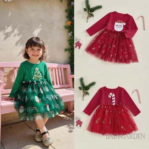 Tập Đi Bé Gái Giáng Sinh Một Dòng Đầm Sequin Ông Già Noel Cổ Tròn Tay Dài Tulle Chắp Vá Đầm