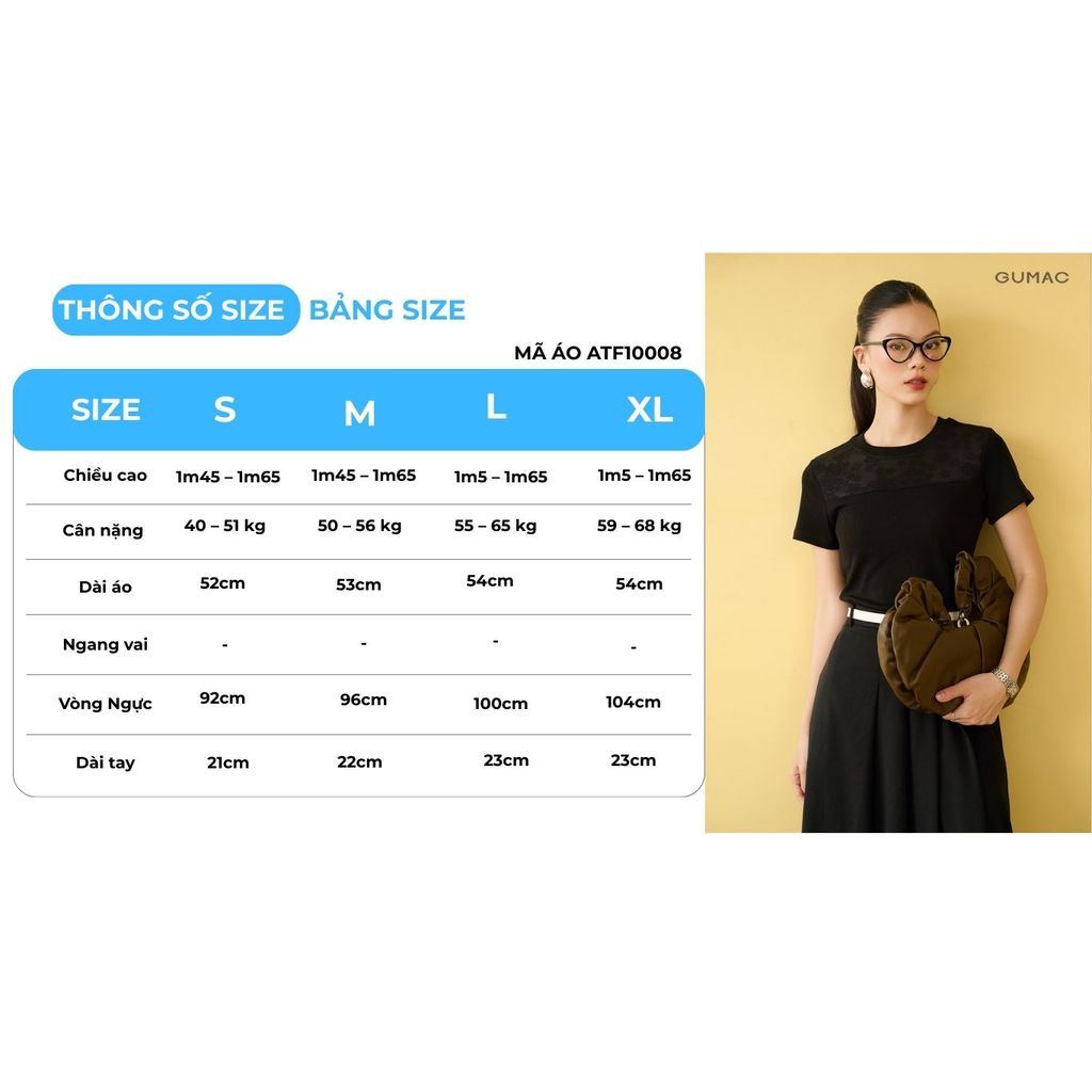 Áo Thun Nữ Phối Ren GUMAC Tay Ngắn Cổ Tròn Cơ Bản Dễ Phối Đồ ATF10008