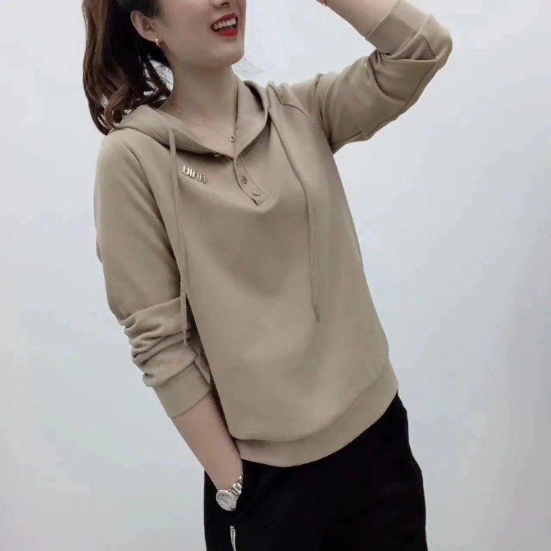 Áo thun nữ dài tay màu trơn dáng rộng mùa thu, có mũ trùm đầu, phù hợp giảm béo
