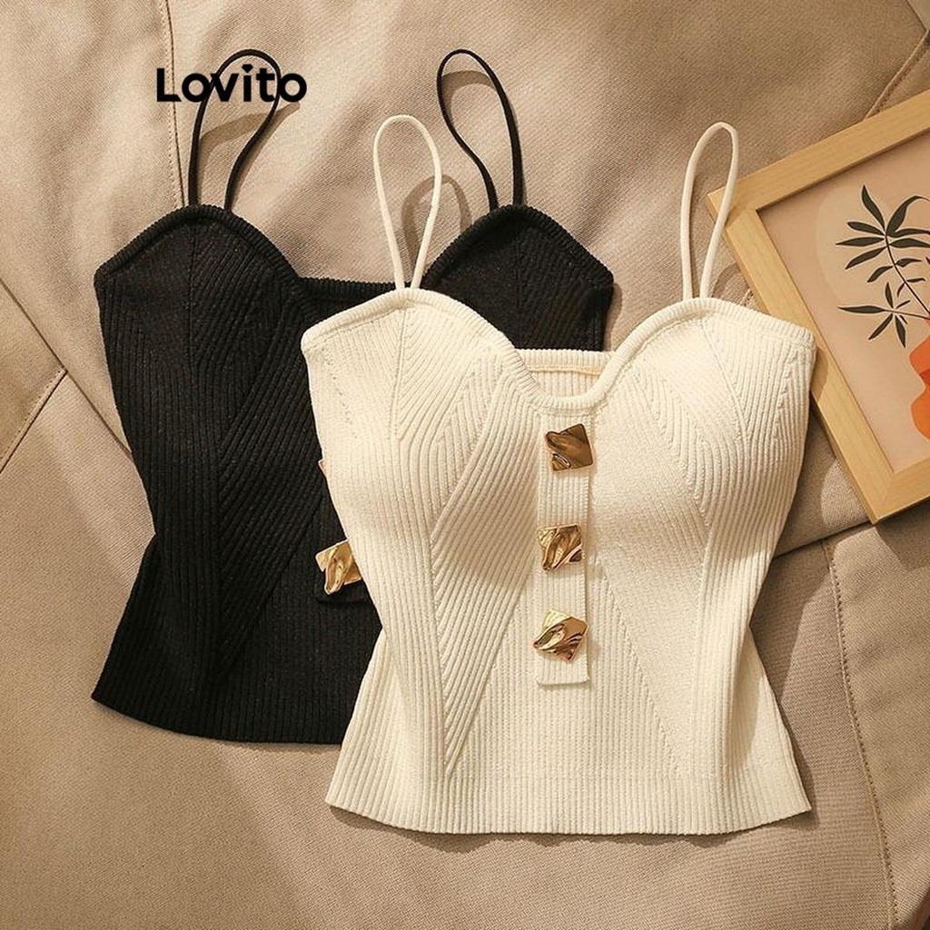 Lovito Áo Tank Top Plain Button Metal Round Tank Top dành cho nữ LNL38050 (Trắng / Đen)
