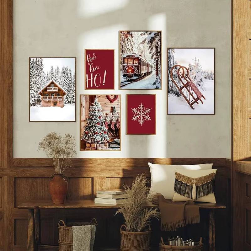 Mùa Đông Tuyết Phong Cảnh Xe Lửa Treo Tường Nghệ Thuật ChristmasTree Bông Tuyết Poster Tranh Canvas Phòng Trưng Bày Giáng Sinh Bộ Treo Tường Ngày Lễ Trang Trí Phòng