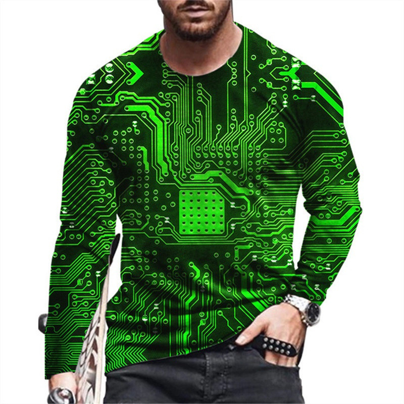 Inchip Điện Tử 3D trên Áo Thun Dài Tay Cổ Tròn, Phù Hợp Hàng Ngày