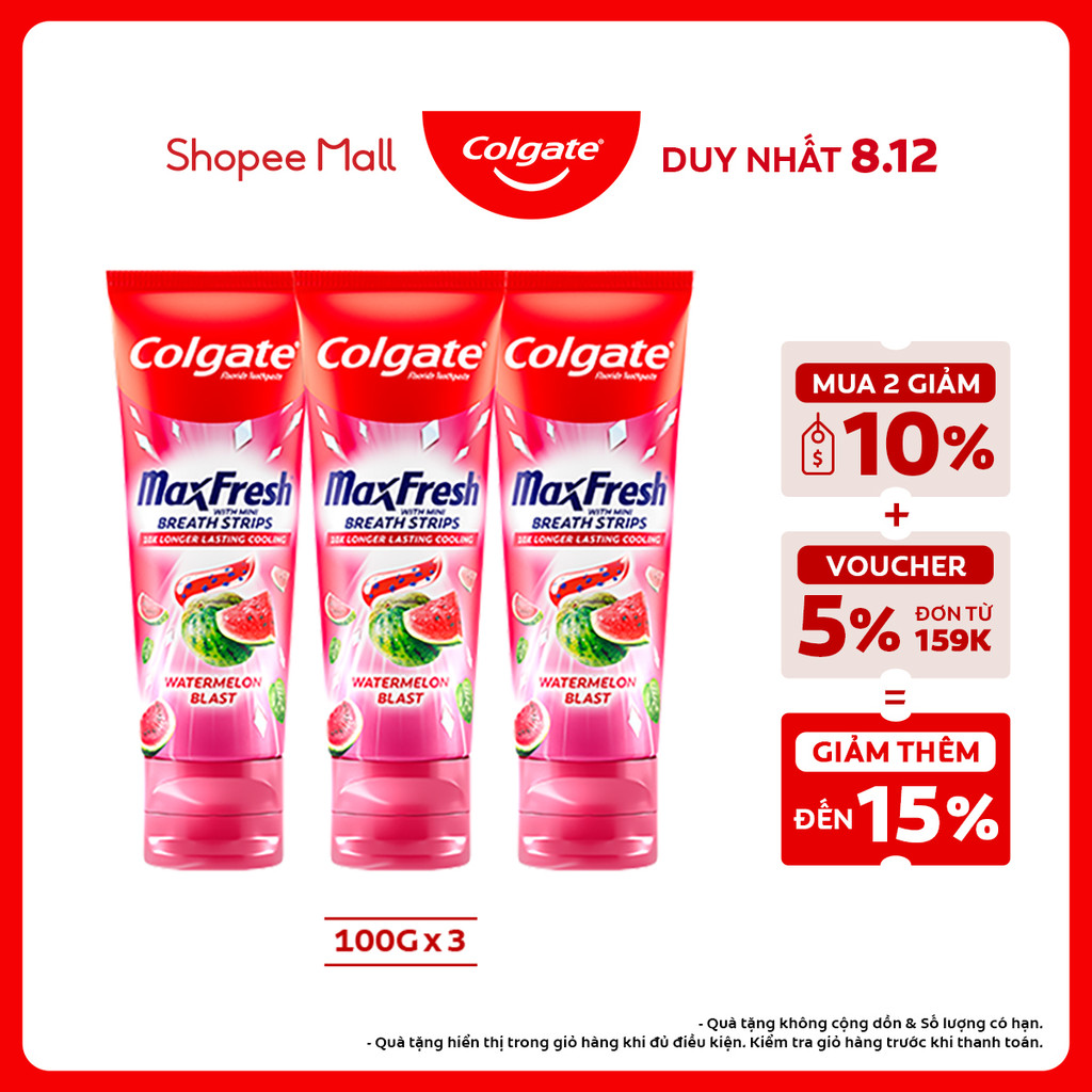Bộ 3 Kem đánh răng Colgate MaxFresh Hương nhiệt đới, tinh thể cầu vồng the mát 100g/ tuýp