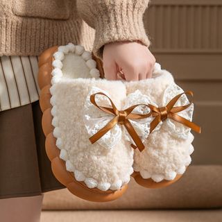 GUADALUPE1 Dép nơ sang trọng, Dép ấm áp dày chống trượt nơ ren, Dép xỏ ngón gia đình đế dày ngọt ngào dễ thương dành cho nữ