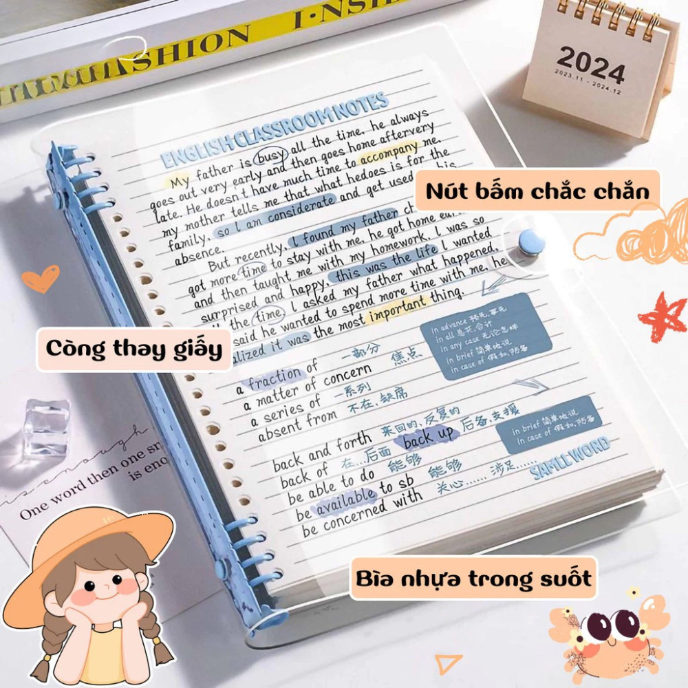Sổ Tay Lò Xo Bìa Còng Trong Suốt A5/A6, Sổ Ghi Chép Học Tập Chống Thấm Nước