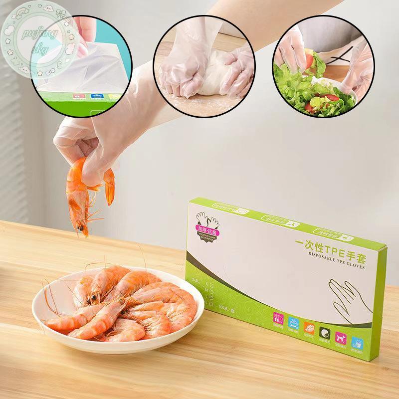 PUSKY 60 Cái / hộp Găng Tay Cao Su Miễn Phí TPE Găng Tay Dùng Một Lần Trong Suốt Axit Chống Trơn Trượt An Toàn Làm Việc Cấp Thực Phẩm Găng Tay Vệ Sinh Gia Đình VN