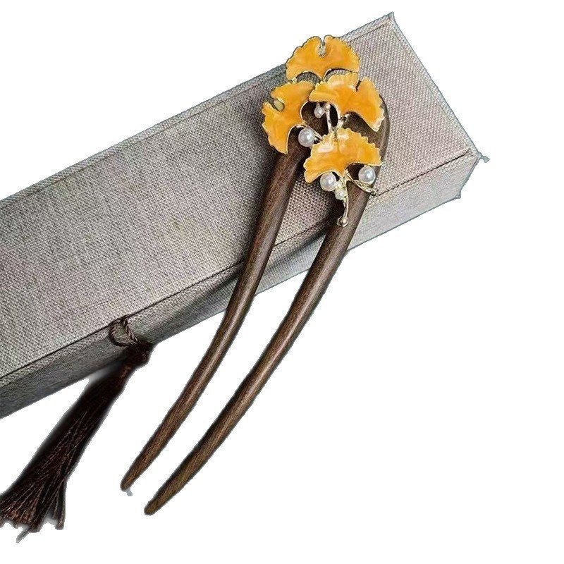 Kẹp tóc hình chữ u lá mun ginkgo, phù hợp phong cách nhẹ nhàng và trang phục sườn xám cổ điển Hanfu