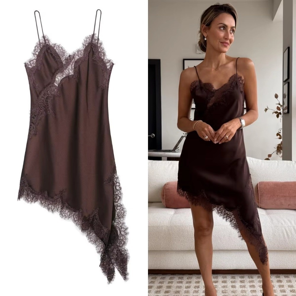 Đầm ren nữ HOBBYIN bất đối xứng satin cổ chữ V, sang trọng cho bữa tiệc