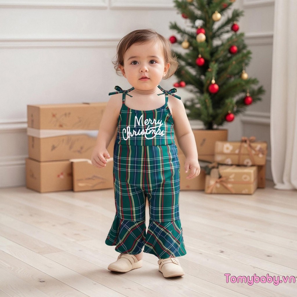 Trẻ Em Bé Gái Giáng Sinh Kẻ Sọc Áo Liền Quần Chữ Thêu Thắt Vai Chuông-Bottom Jumpsuit