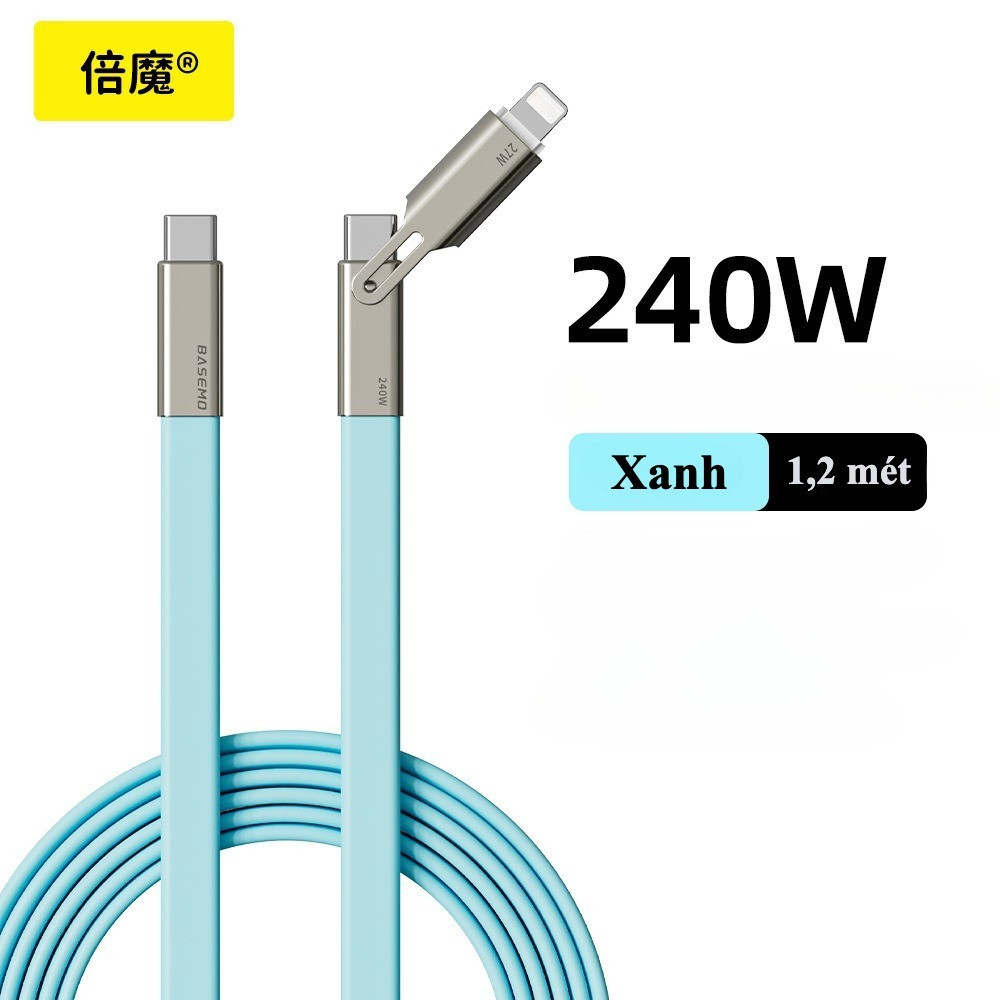 Dây Cáp Sạc Nhanh 240W Basemo - 2in1 Silicon Dẹt – Cổng Type C to C/L – Siêu Bền – BH 6 tháng