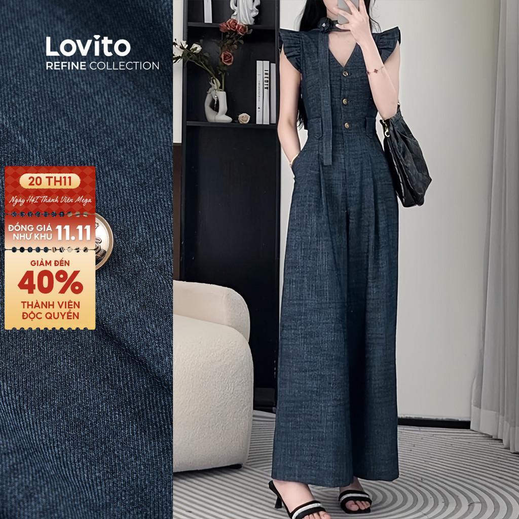 (Lovito Refine) Bộ Đồ Liền Thân Thanh Lịch Cài Nút Phía Trước Có Thắt Lưng Cho Mọi Mùa Màu Xanh Navy Dành Cho Nữ LR13L066