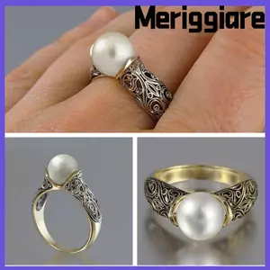 MERIGGIARE Nhẫn Ngọc Trai Trắng Quyến Rũ Khắc Trang Sức Cưới