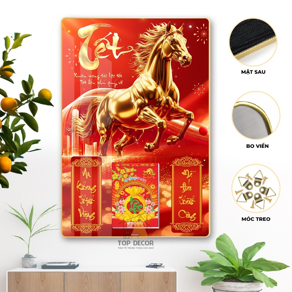 Tranh Tráng Gương Kèm Đốc Lịch - Lịch tết 2026 Decor Phòng khách - Top Decor