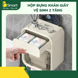 Hộp Đựng Giấy Vệ Sinh 2 Tầng Dính Tường Có Ngăn Tiện Ích Kèm Kệ Để Điện Thoại