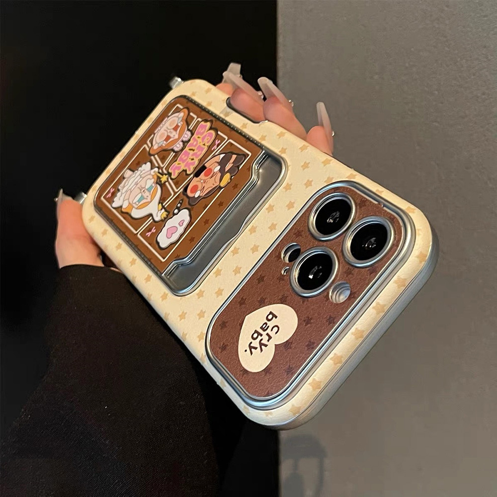 Trái Tim Tình Yêu Cô Gái Khóc Dây Túi Đựng Thẻ Mạ Da Vỏ Điện Thoại Cho iPhone 17 Pro Max 16 15 14 13 Vỏ Bảo Vệ Chống Sốc