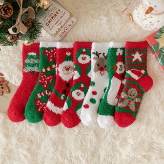 『Brelira』Bộ 7 đôi tất Giáng Sinh chất liệu nhung dày dặn ấm áp họa tiết ông già Noel dễ thương cho nữ mùa đông