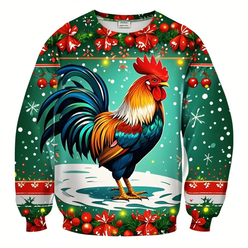 Áo thun dài tay giáng sinh với hình ảnh gà ngộ nghĩnh và ông già Noel, phù hợp cho thể thao và giải trí