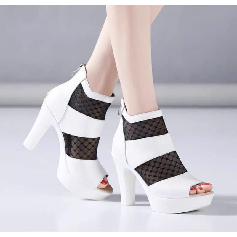 GIÀY BỐT HỞ MŨI PHỐI LƯỚI DA XỊN 10CM TTYY xxTTIIÔ