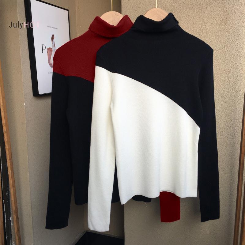 JULYHOT Áo Len Dệt Kim Mỏng Hàn Quốc Cổ Cao Màu Sắc Contrasting Cho Nữ
