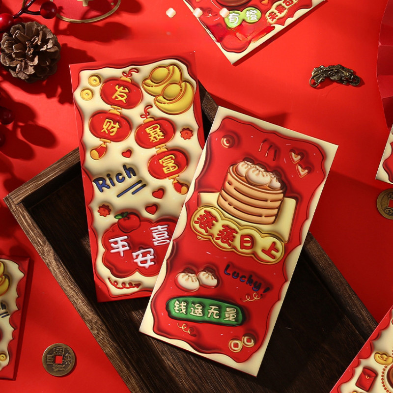 6 Cái / bộ Good Lucky 3D Phong Bì Đỏ Tết Nguyên Đán Hoa Văn Phước Lành