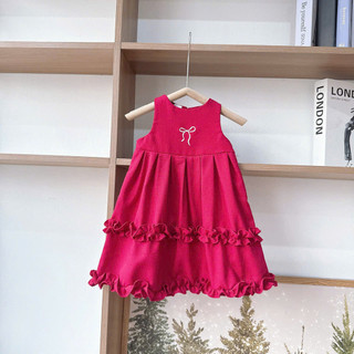 [8-26kg] Váy Linen Đỏ Sát Nách Thêu Nơ Tết Noel Cho Bé Gái