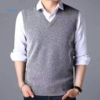 Áo len không tay dệt kim nam, vừa vặn, cổ chữ V màu trơn