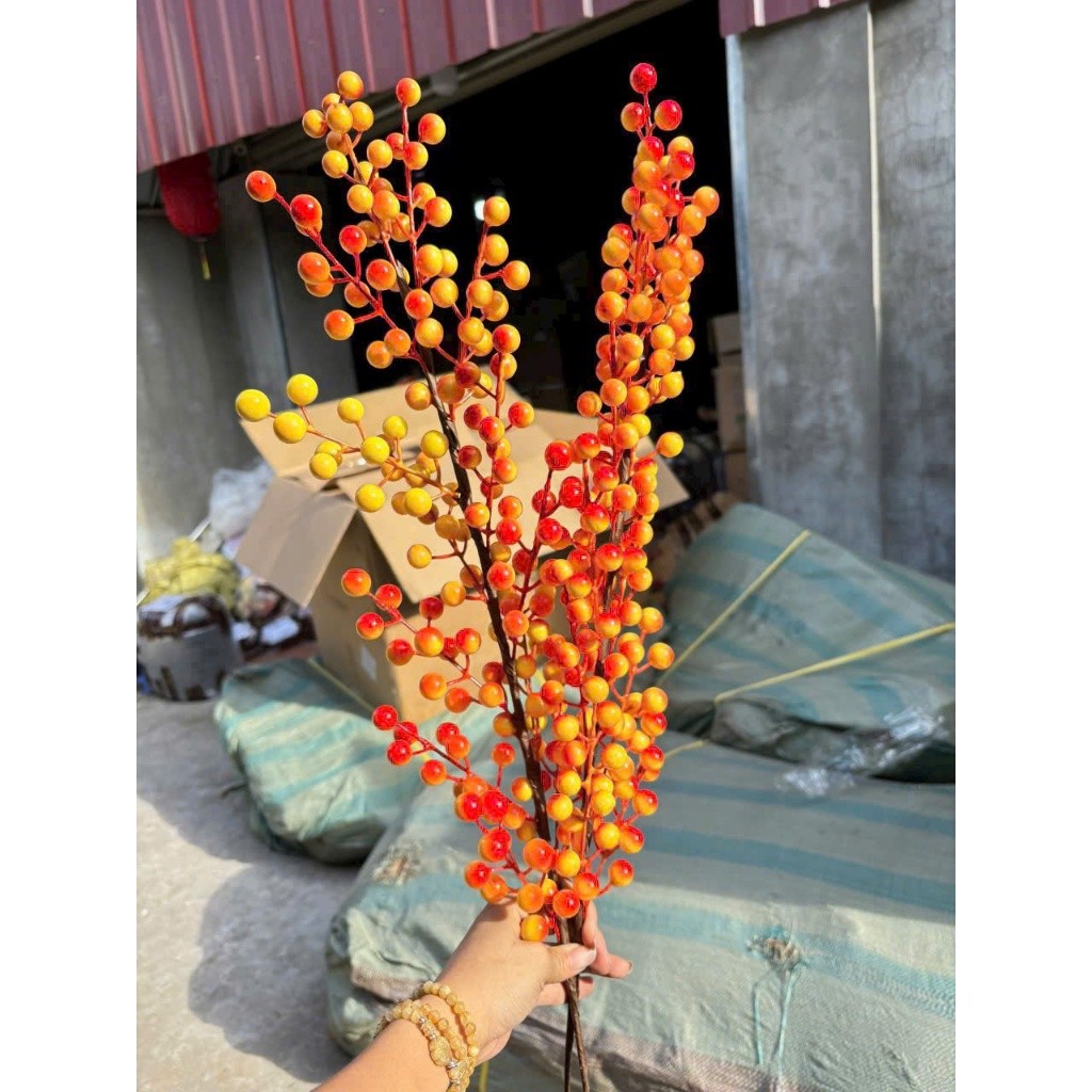 Cành đào đông 12 nhánh vàng cam_trang trí tháp oản, trang trí nhà cửa_Tết 2026