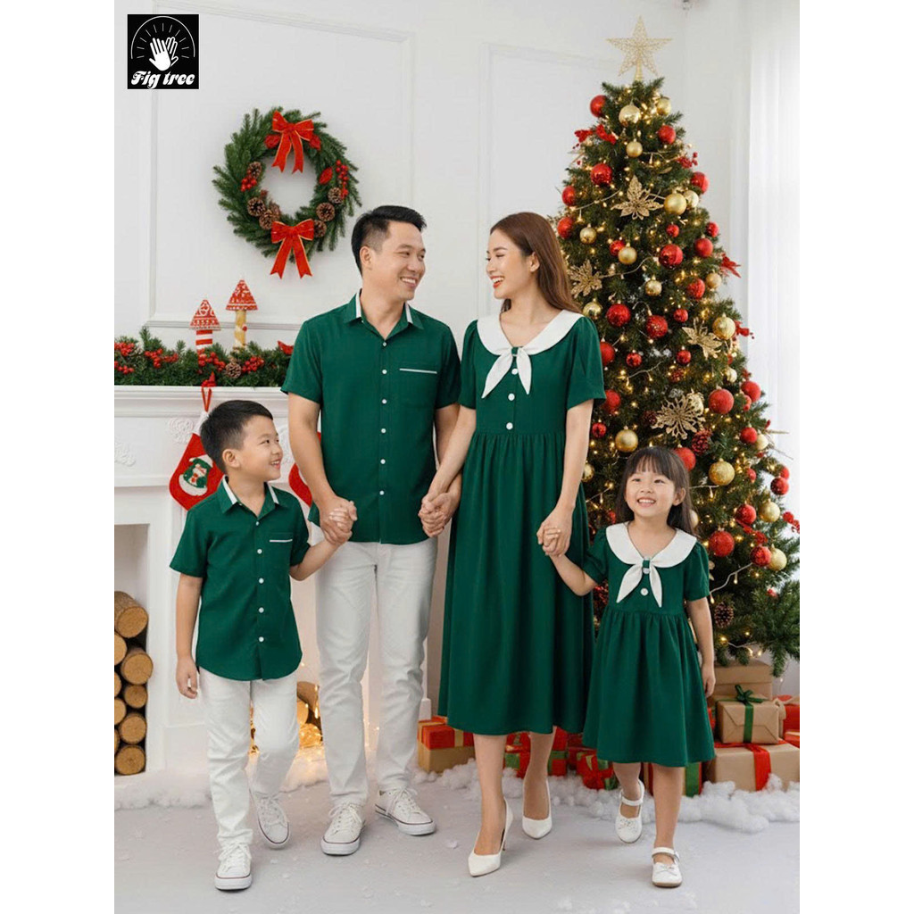 Đồ Gia Đình Fig Tree Màu Xanh Rêu Phối Trắng, Vải Đũi Cao Cấp Chụp Hình Noel , Đón Tết Siêu Sang
