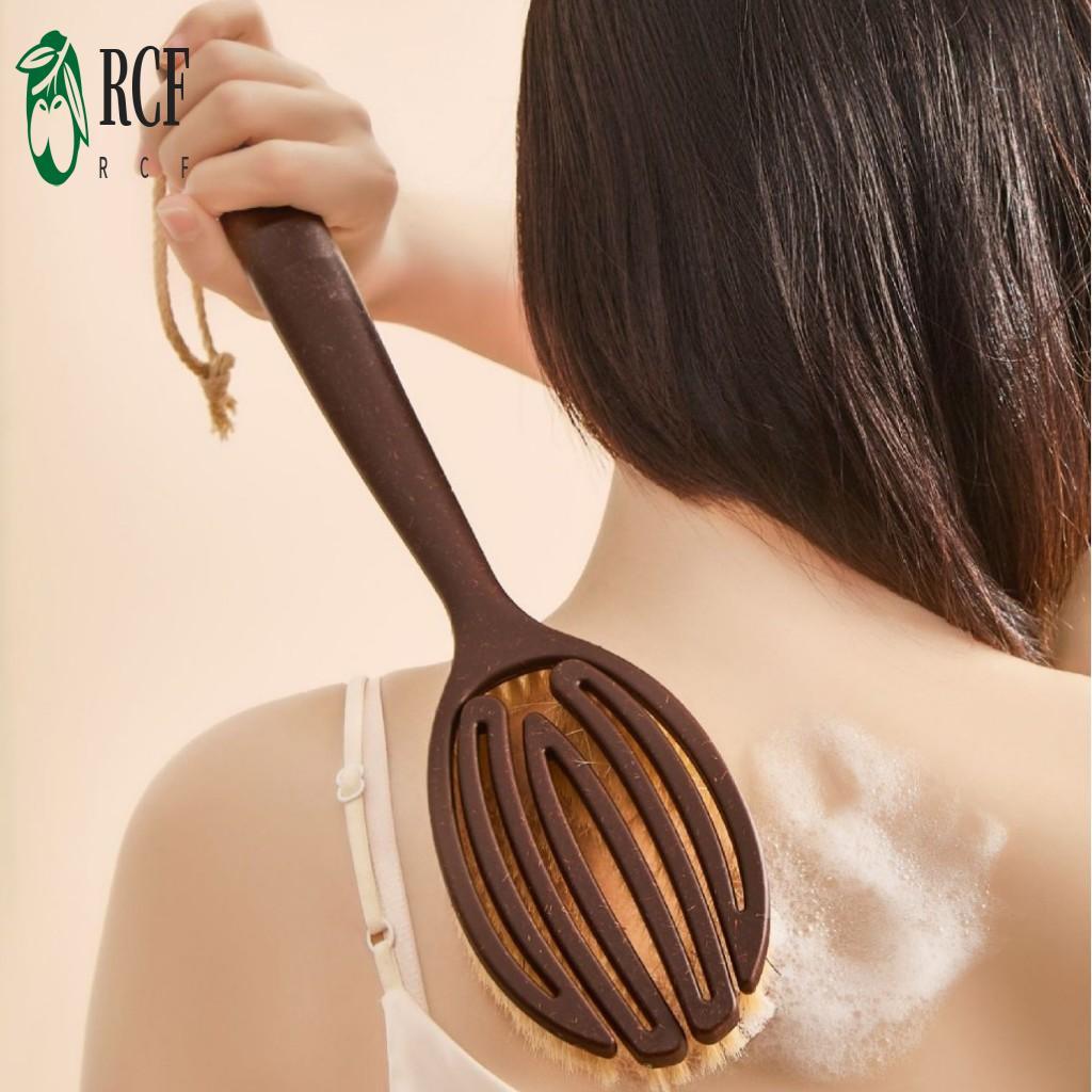 Bàn chải tắm lông lợn tơ dừa 2 trong 1 - Massage tắm tẩy tế bào chết khô ướt có tay cầm dài