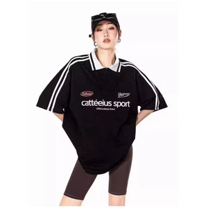 Mỹ Retro Áo sơ mi polo tay ngắn nữ hợp thời trang, thiết kế in hình và nửa dây kéo ve áo