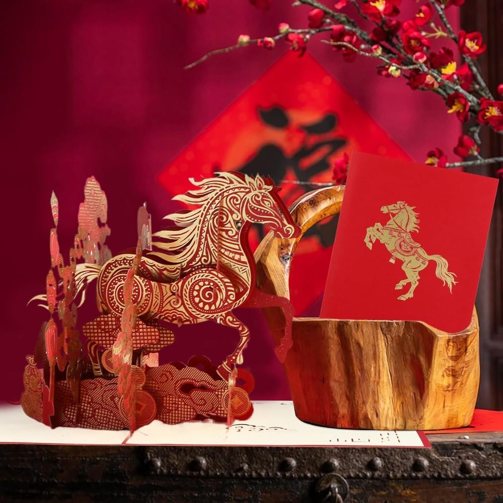 Thiệp Tết Nguyên Đán MARGREDY, Thẻ bật lên thủ công may mắn năm con ngựa, với lá vàng tuyệt đẹp Bao gồm phong bì & viết Chèn quà tặng năm âm lịch