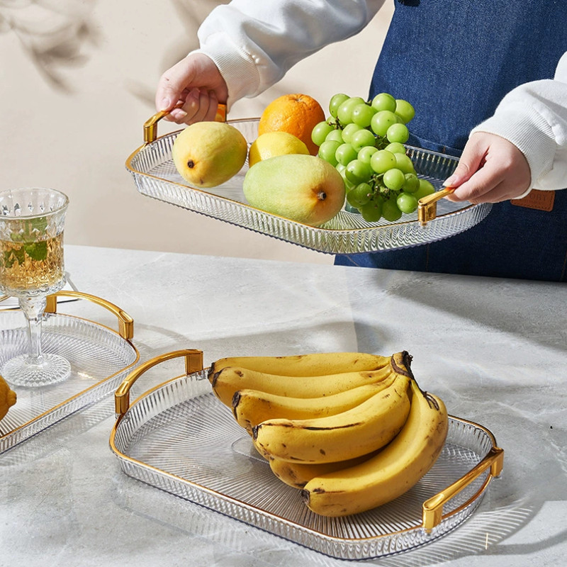 Khay Đựng Đồ Sang Trọng Tay Cầm Mạ Vàng, Khay Đựng Hoa Quả, Bánh, Trà, Khay Decor Bàn Ăn Cao Cấp