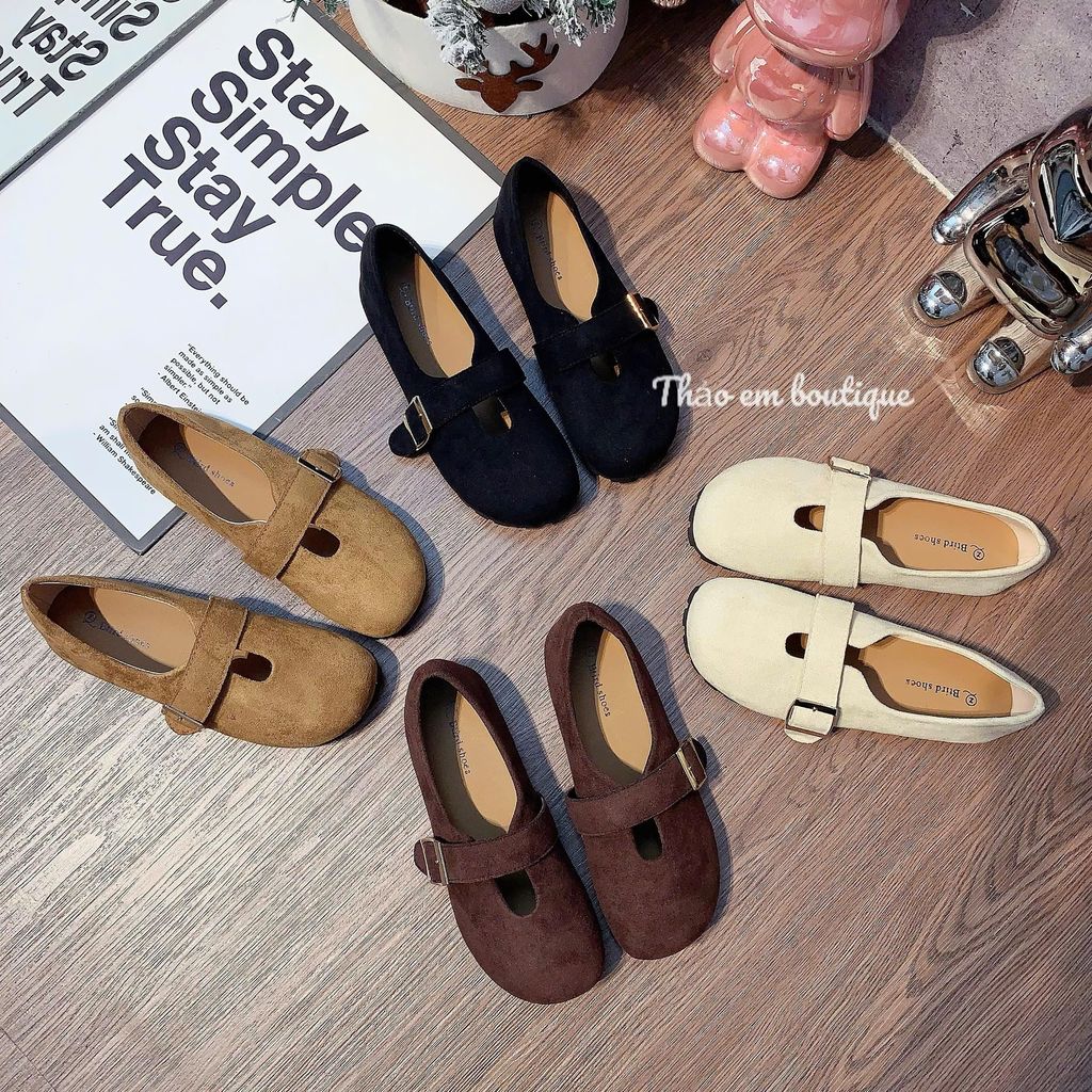 [Thảo Em - BB583] Giày bệt búp bê nữ đế thấp da lộn mềm mũi đính quai khoá sang chảnh [QCCC - Có Sẵn]