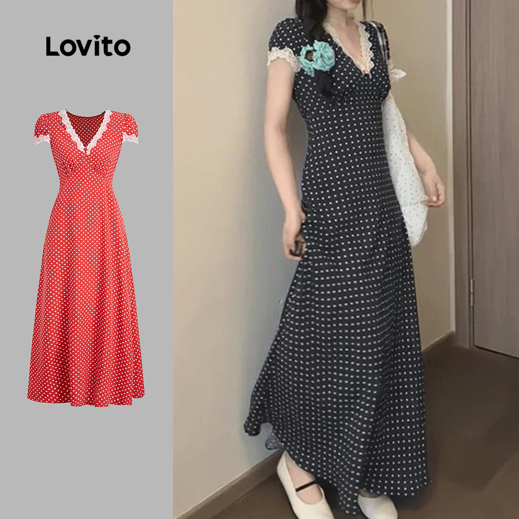 Lovito Váy thanh lịch Đầm ren thêu vải trơn cho nữ LNA69139