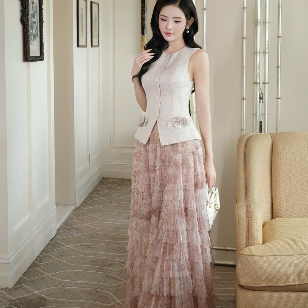 Set áo tweed phối hoa & chân váy lưới dập ly dài phong cách sang trọng Khiết KS411