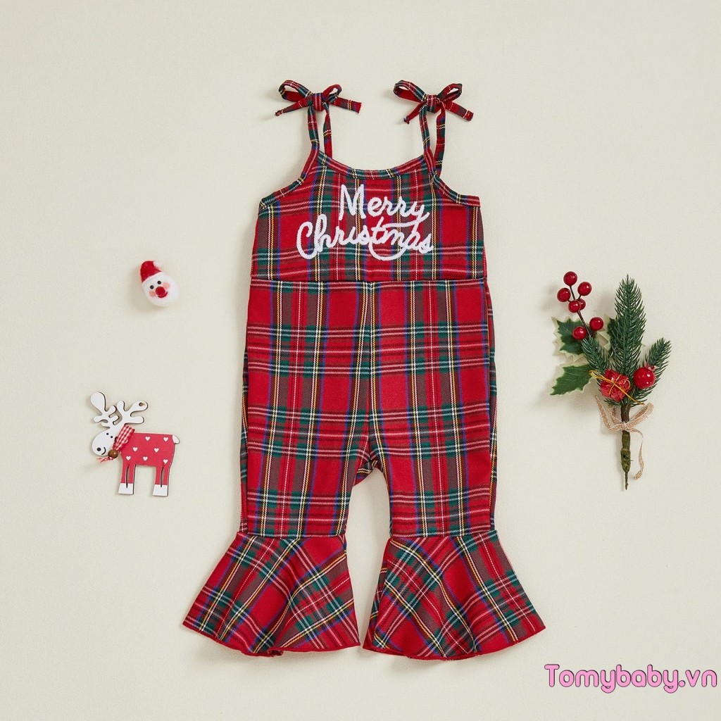 Trẻ Em Bé Gái Giáng Sinh Kẻ Sọc Áo Liền Quần Chữ Thêu Thắt Vai Chuông-Bottom Jumpsuit