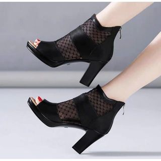 GIÀY BỐT HỞ MŨI PHỐI LƯỚI DA XỊN 10CM TTYY 11NNBB