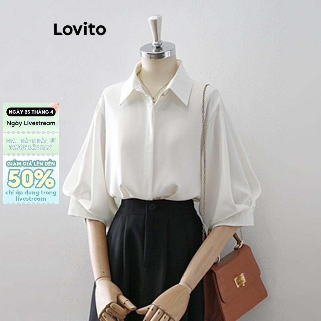 Lovito Áo sơ mi thanh lịch Nút trơn phía trước Áo sơ mi tay phồng cho nữ L65ED001 (Nhiều màu)