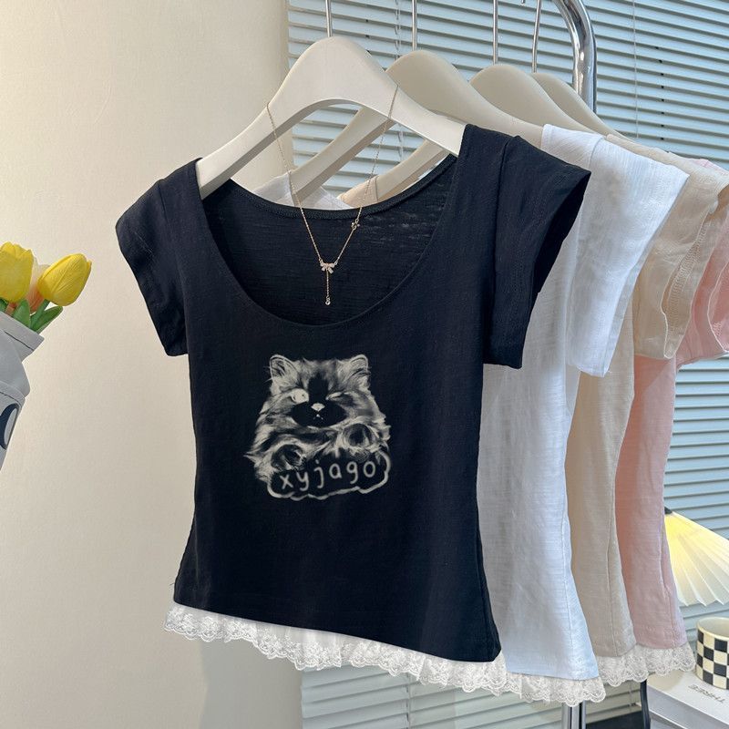 Milyfashion Áo Thun Mỏng Cotton Slub Ren Khâu, Họa Tiết Con MèoSlim-Fit Style C630