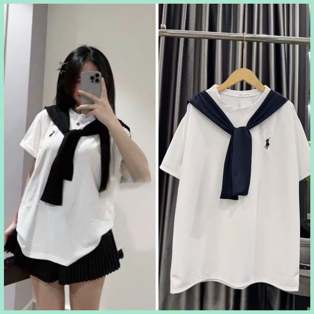 Áo thun thủy thủ hình con ngựa  chất cotton +phối khăn quàng thoáng mát -phong3158