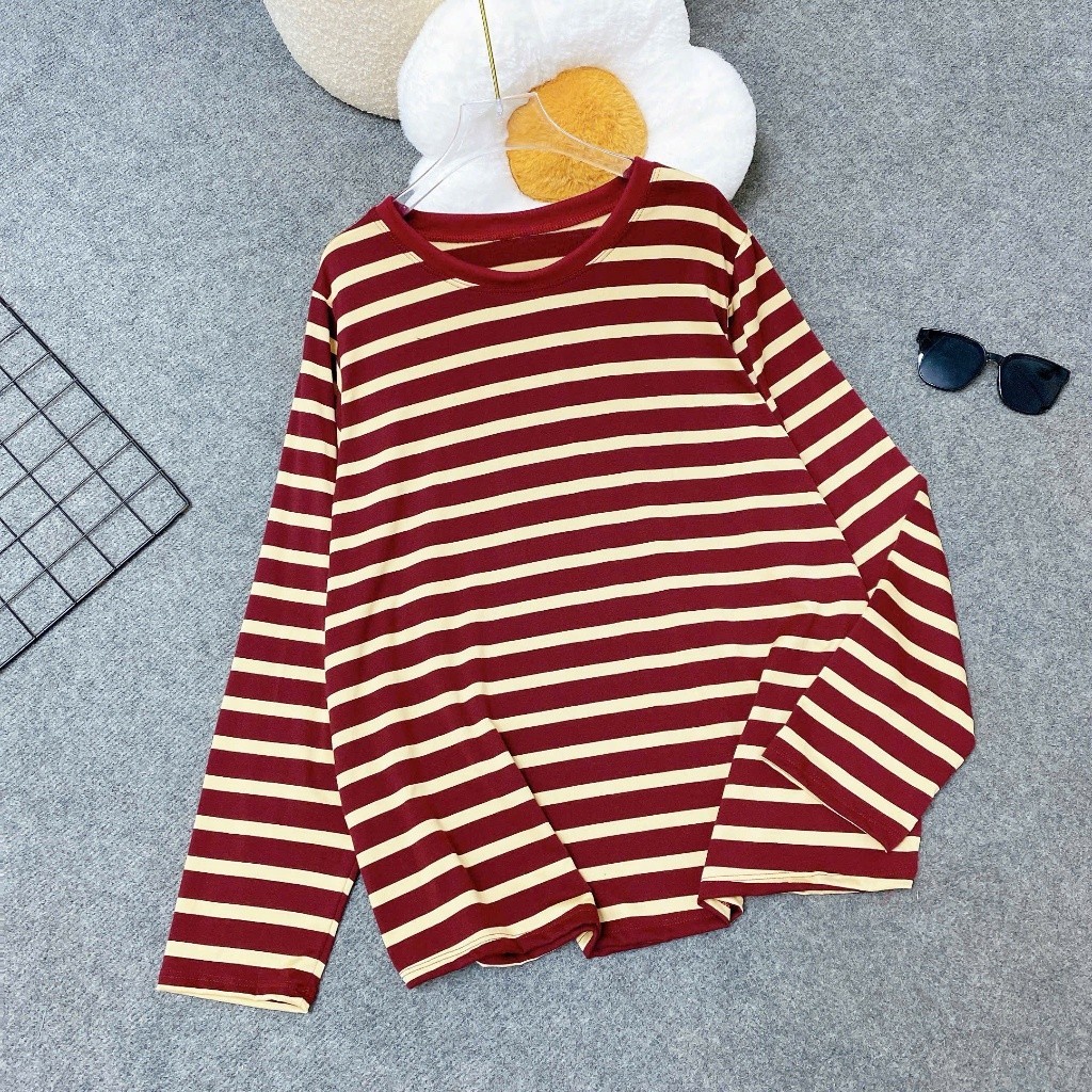 [50-100kg]Áo Thun Bigsize Kẻ Sọc Ngang Form Rộng Cho Nữ Chubby Vải Cotton Co Giãn Thoáng Mát A311