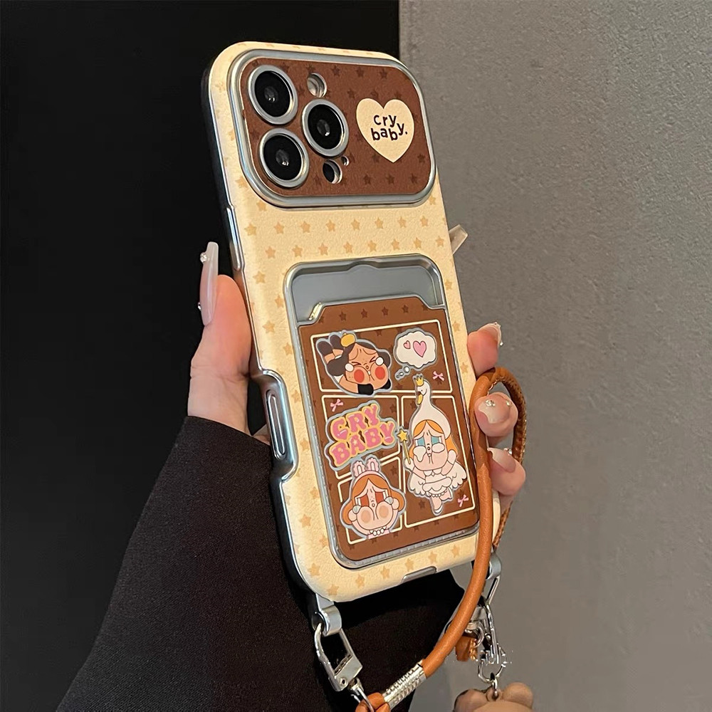 Trái Tim Tình Yêu Cô Gái Khóc Dây Túi Đựng Thẻ Mạ Da Vỏ Điện Thoại Cho iPhone 17 Pro Max 16 15 14 13 Vỏ Bảo Vệ Chống Sốc