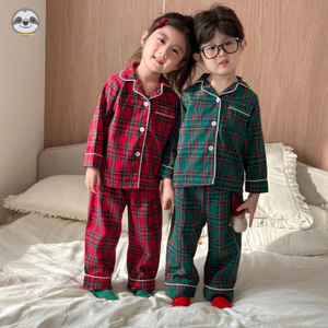 Bộ đồ ngủ bằng vải cotton nguyên chất kẻ sọc chấm bi cho trẻ em / Bộ đồ ngủ kẻ sọc cotton nguyên chất phong cách Giáng sinh cho bé trai / Quần trẻ em Phòng chờ đi chơi dài tay