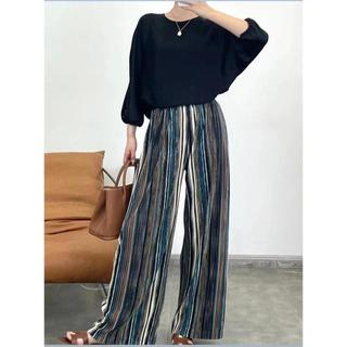 Miyake Quần Áo Nữ Đi Làm Phong Cách Sọc Bohemian và Băng Lụa Xếp Ly Ống Rộng Cho Hàng Ngày