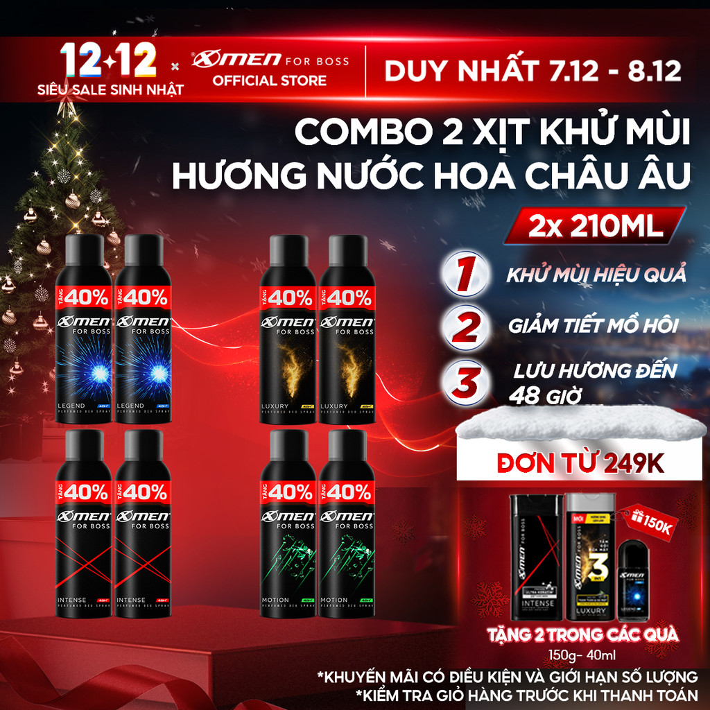 [Tặng thêm 40% dung tích] Combo 2 Xịt khử mùi XMen For Boss 210ml/chai Hương Nước Hoa Châu Âu, Khô Thoáng Lưu Hương 48H