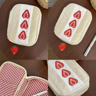 Túi đựng bút SOULSPACE, Túi trang điểm thêu dễ thương bánh Sandwich dâu tây, Túi đựng văn phòng phẩm sang trọng mờ đa chức năng bền bỉ Văn phòng học