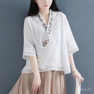 Cardigan nữ phong cách Trung Hoa vintage, vải lanh cotton pha trộn, tay áo 3/4