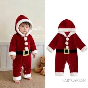 Bộ áo liền quần dài tay có mũ trùm đầu nhung Giáng sinh cho bé Trang phục ông già Noel dễ thương